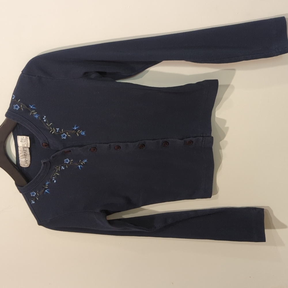 Navy Blue Cardigan Top with Floral Embroidery